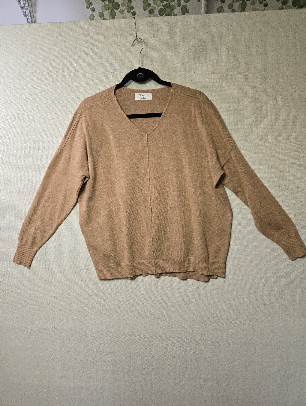 Zenana Outfitters Camel V-Neck Relaxed Sweater